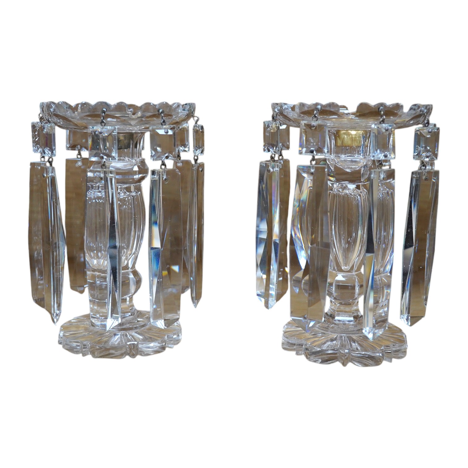 A pair of glass lustre drop candlesticks, 18cm high. Condition - fair to good